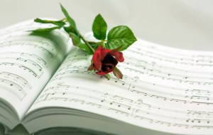Rose on sheet music mawar merah